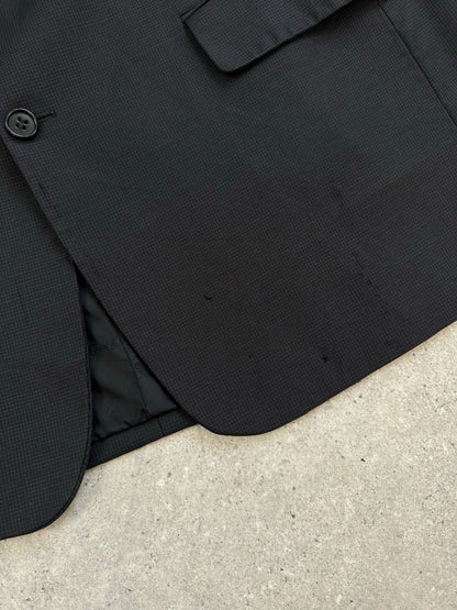 Yves Saint Laurent Pour Homme 1990s high neck blazer made of pure wool, navy color, tailored fit, and classic style.