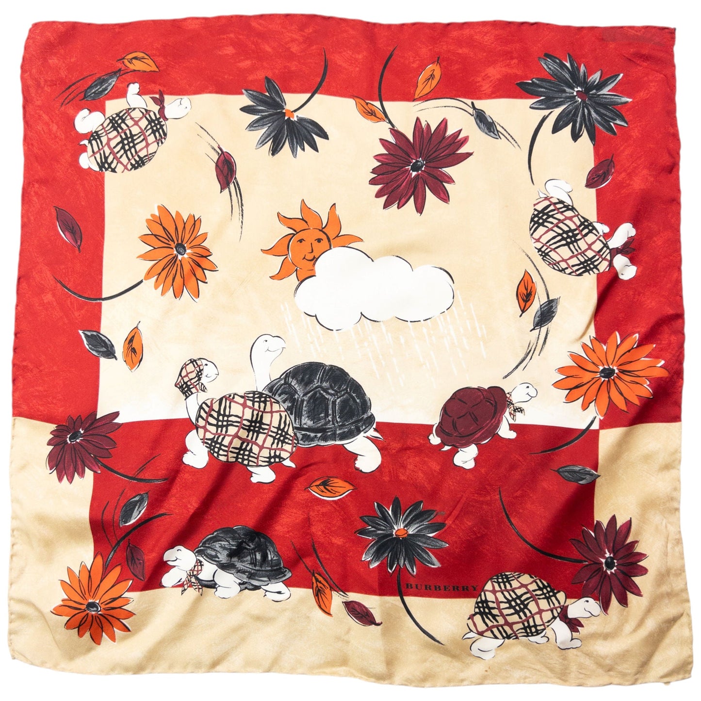 Vintage 2000s Burberry Floral Turtle Print Silk Scarf | O/S, Red
