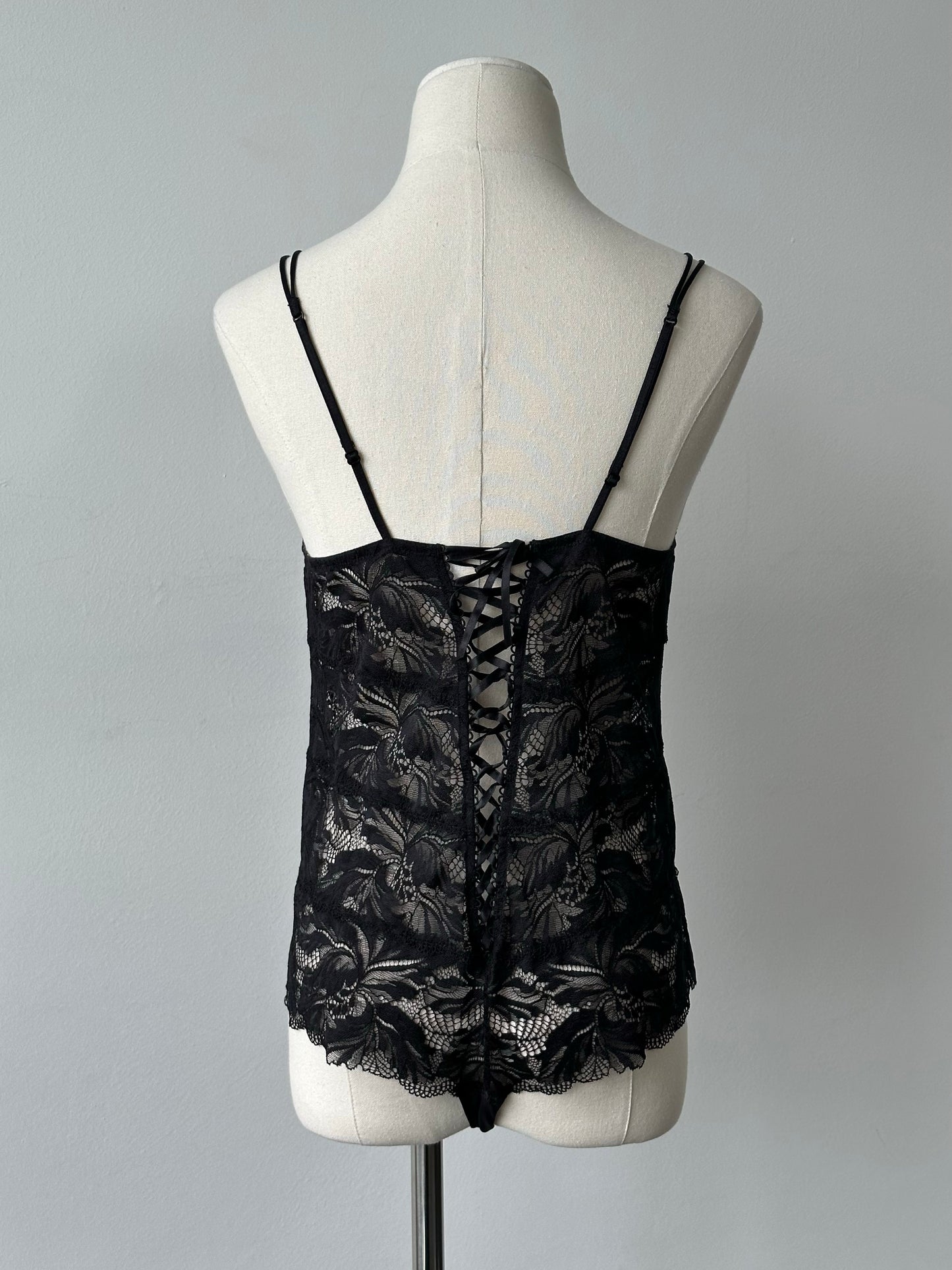 Vintage 1990s Sheer Lace Up Bodysuit - M