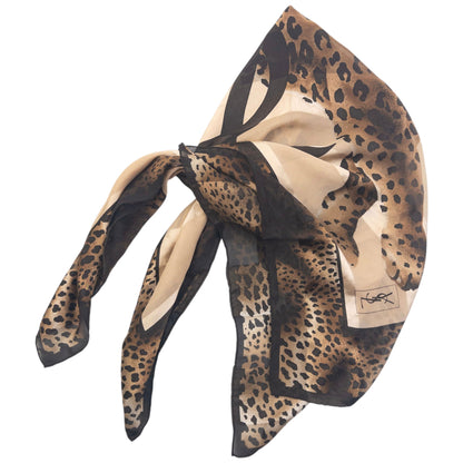 Vintage 90s YSL Yves Saint Laurent Leopard Print Silk Scarf | O/S, Beige