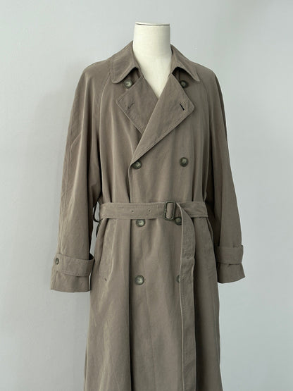 Ralph Lauren Chaps 1990s belted trench coat, XL-XXL size, showing classic beige fabric, waist belt, and double-breasted design.