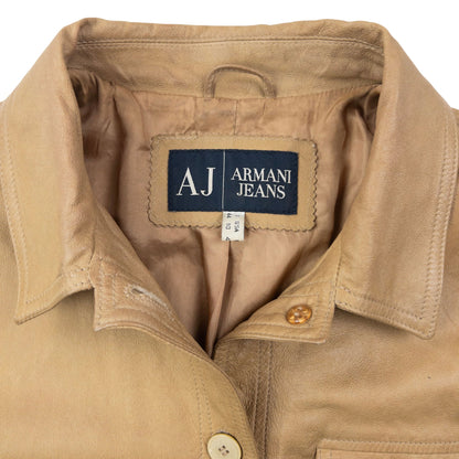Vintage 2000s Armani Jeans Button Up Leather Jacket Womens Size M | Medium, Beige