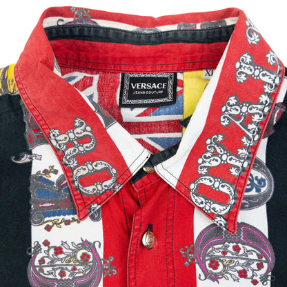 Vintage 90s Versace Jeans Couture Rock N Roll Royalty Print Button Up Shirt Size XL | XL, Multicolour