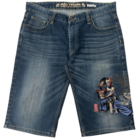 Vintage Big Train Embroidered Dragon Japanese Denim Shorts Size W36