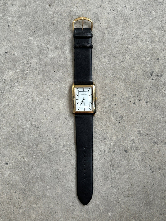 Sekonda 2000s Gold Tone Rectangular Quartz Leather Watch