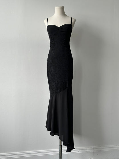 Vintage 2000s Ruched Asymmetric Lace Floor Length Dress - S-M