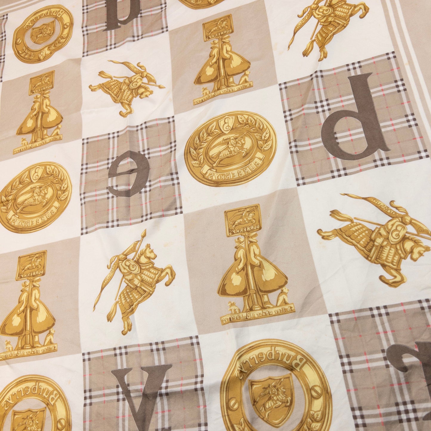 Vintage 90s Burberry Nova Check Gold Logo Print Silk Scarf | O/S, Beige