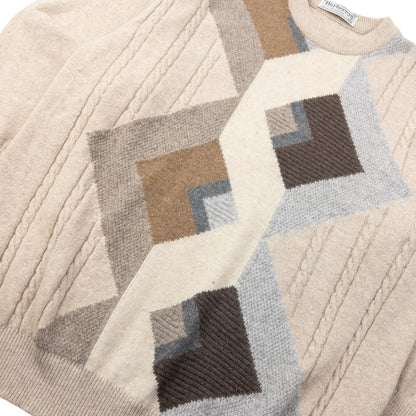 Vintage 90s Burberry Geometric Wool Knit Jumper Size L | Large, Beige, Brown, Grey