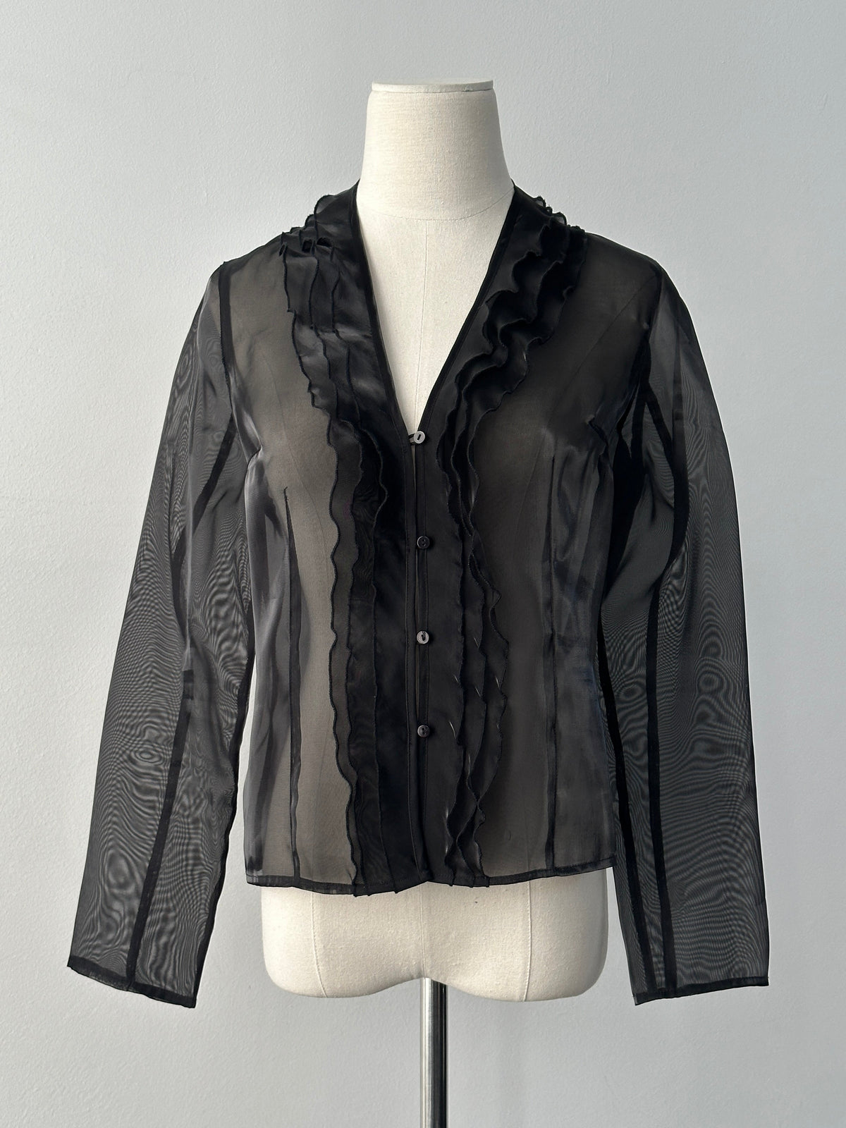 Vintage 1990s sheer ruffle shirt, women's size S, with delicate ruffle details and lightweight fabric, vintage fashion style