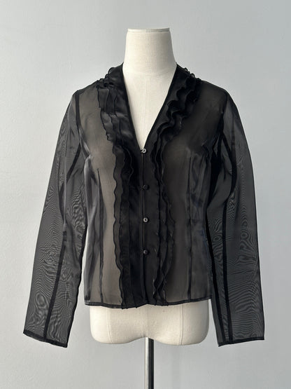 Vintage 1990s sheer ruffle shirt, women's size S, with delicate ruffle details and lightweight fabric, vintage fashion style