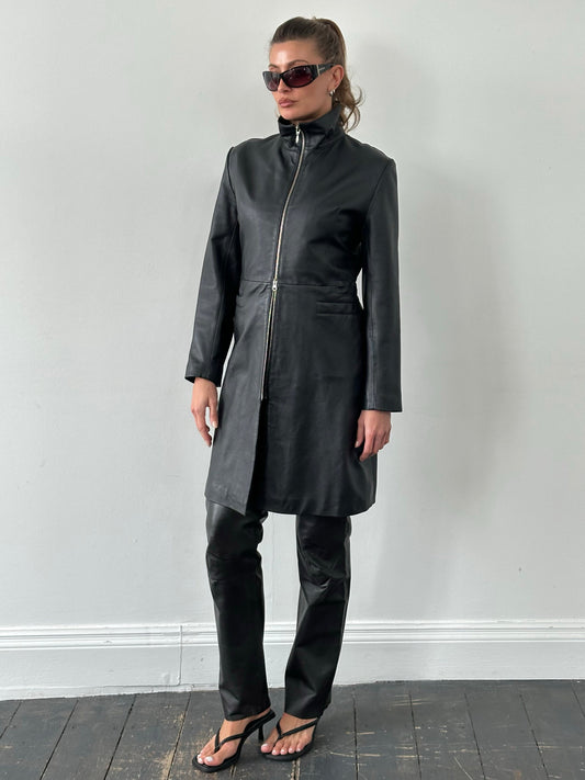 Vintage 2000s Double Zip Leather Trench Coat - M