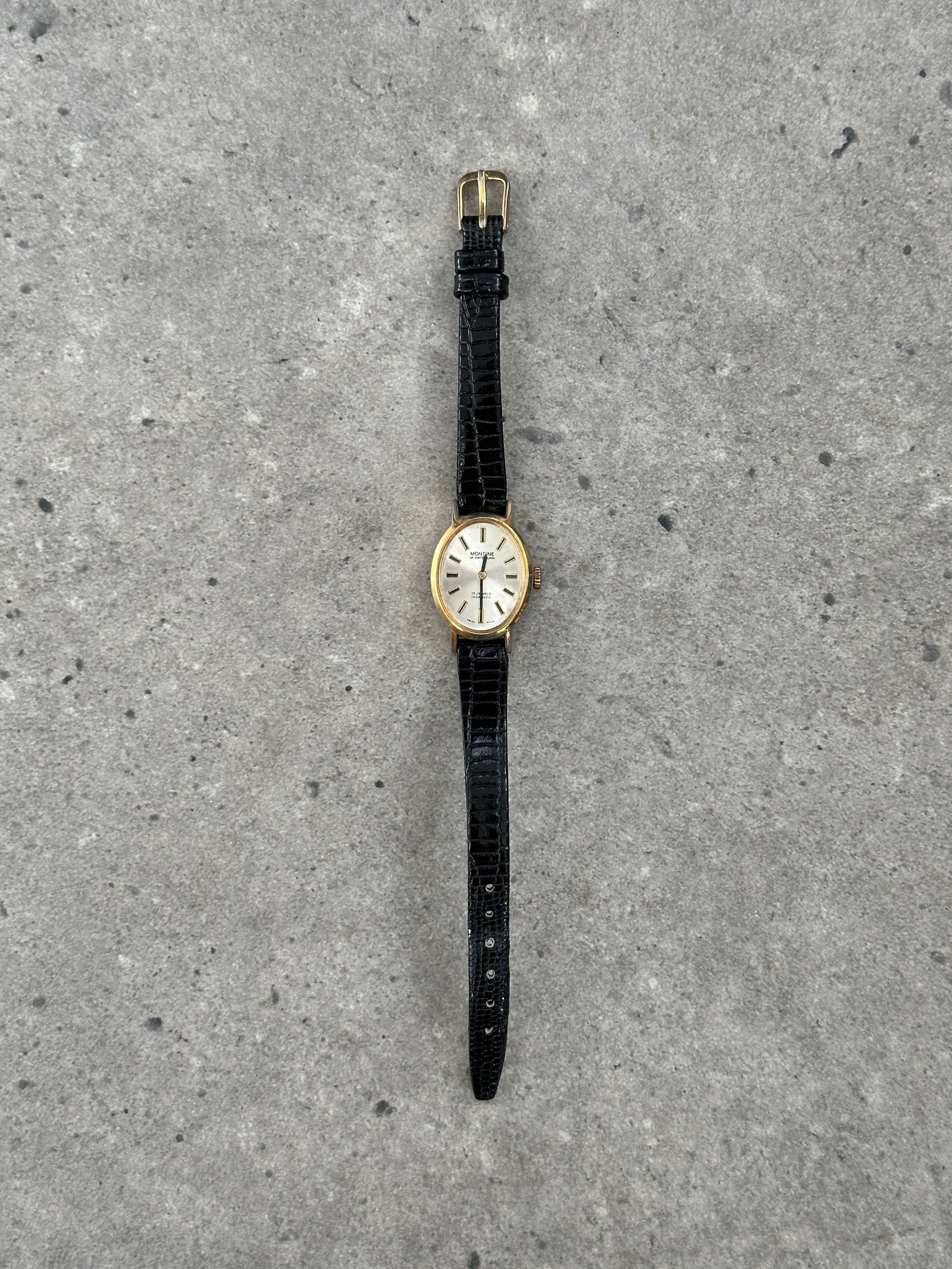Vintage Montine 1980s Swiss Gold Tone 17 Jewel Leather Watch