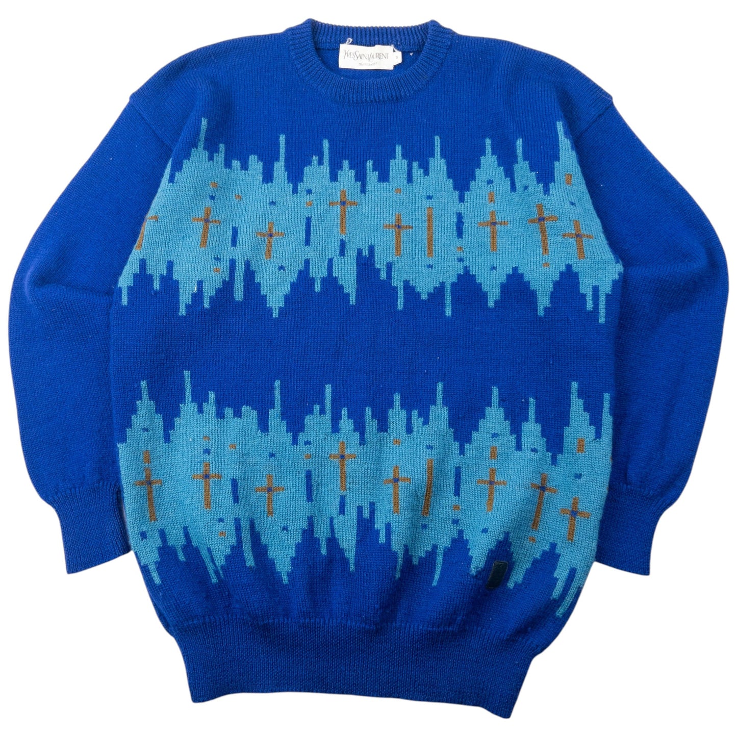 Vintage 80s YSL Yves Saint Laurent Pattern Wool Knit Jumper Size M | Medium, Blue