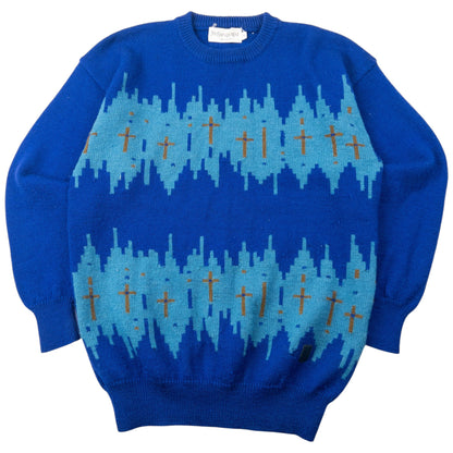 Vintage 80s YSL Yves Saint Laurent Pattern Wool Knit Jumper Size M | Medium, Blue