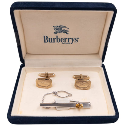 Vintage 90s Burberry Embossed Cufflinks & Gem Tie Clip Set | O/S, Gold