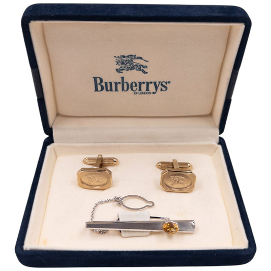 Vintage 90s Burberry Embossed Cufflinks & Gem Tie Clip Set | O/S, Gold