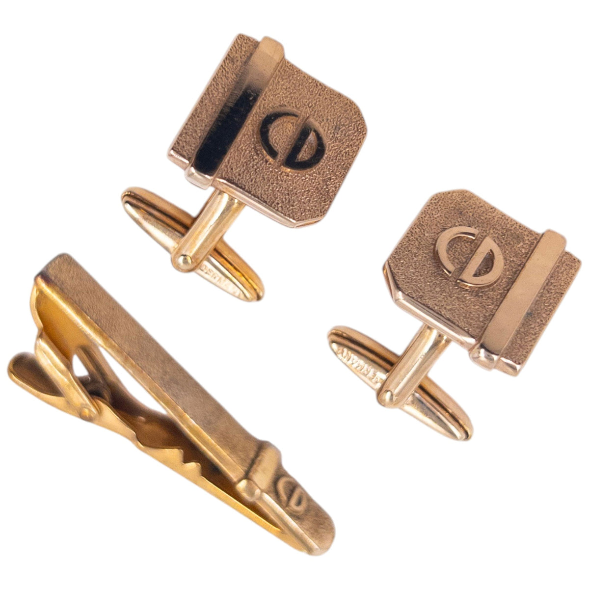Vintage 90s Dior Embossed Cufflinks & Tie Clip Set | O/S, Gold