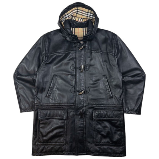 Vintage Burberry Nova Check Lined Leather Duffel Jacket Size XL