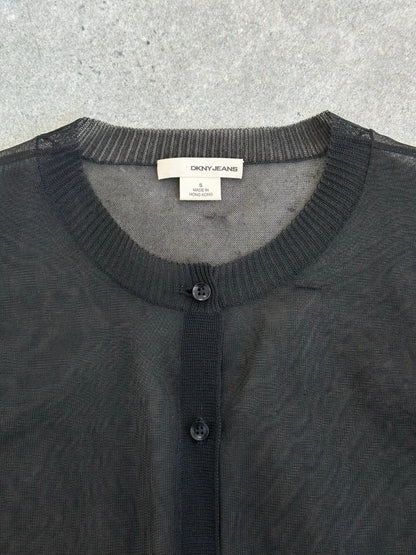DKNY Jeans 1990s sheer knit cardigan in size small, featuring lightweight, transparent fabric with long sleeves and open front design.