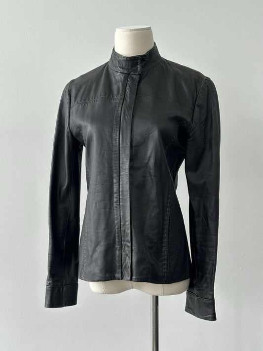 Italian Vintage 1990s Fitted High Neck Leather Jacket - XS
