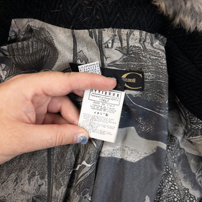 Vintage 2005 Cavalli Rabbit Fur Collar Asymmetrical Wool Jacket Womens Size L | Large, Black