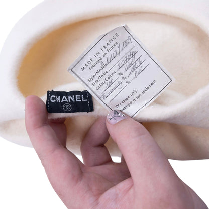 Vintage 2000s Chanel by Karl Lagerfeld Poppy Logo Wool Beret Hat | O/S, Cream