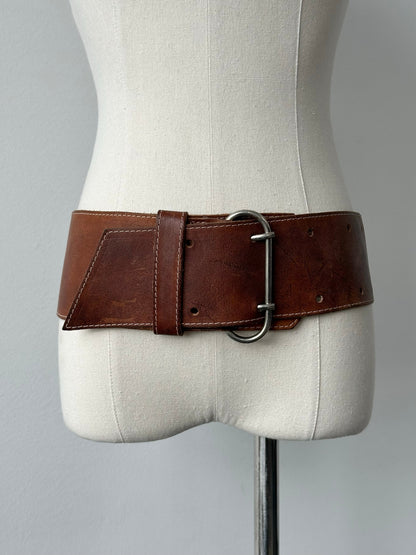 Vintage 1980s Aged Leather Chunky Belt - W25-32