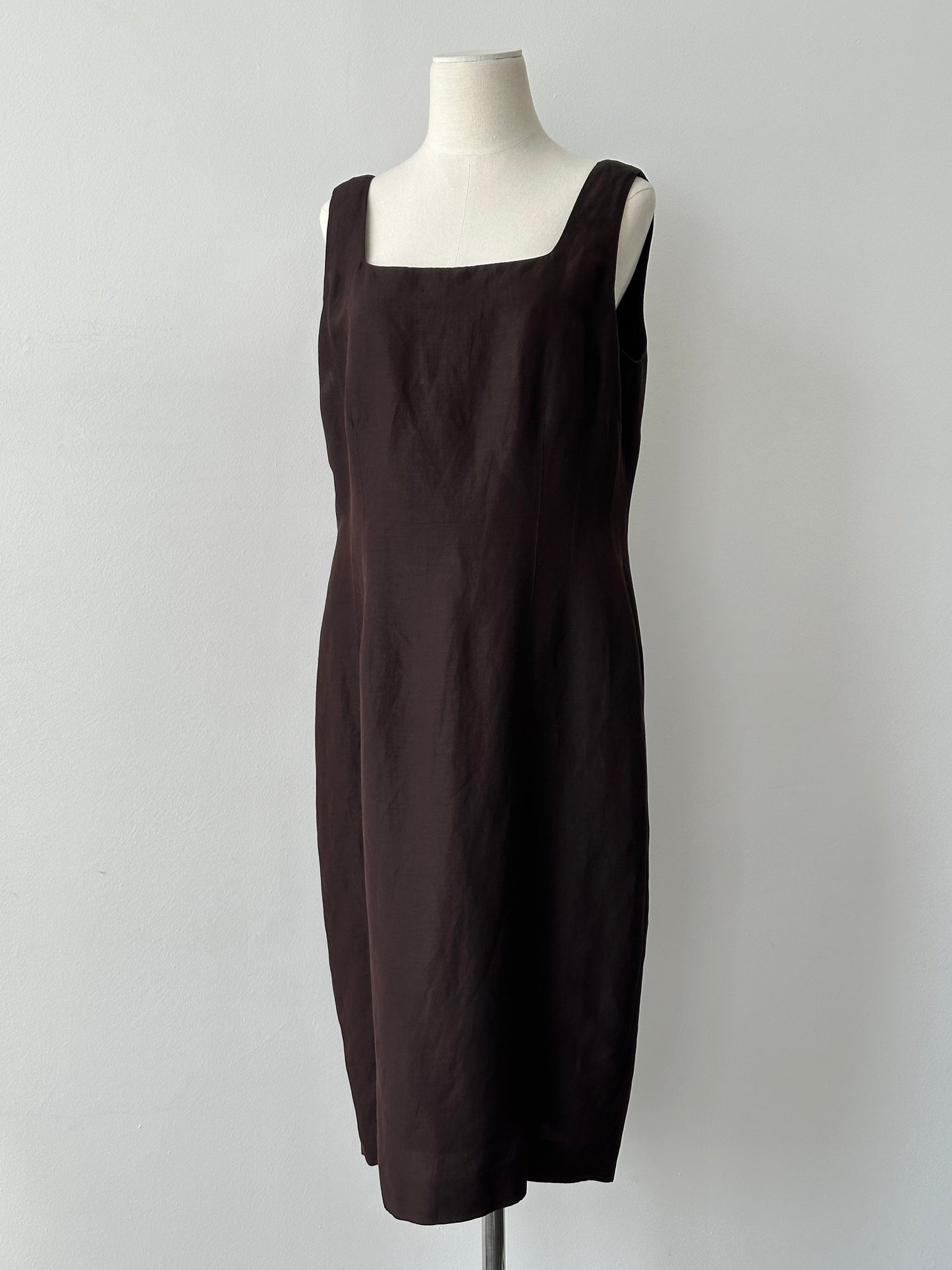 Vintage 1990s Silk Linen Square Neck Midi Dress - L