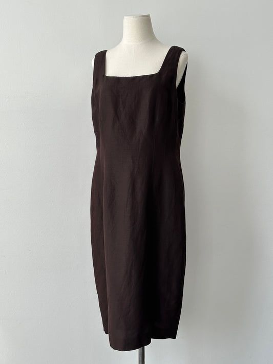 Vintage 1990s Silk Linen Square Neck Midi Dress - L