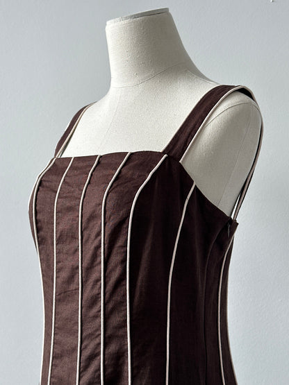 Vintage 1990s pure linen striped dress, women's size M, featuring a classic fit and vibrant blue and white vertical stripe pattern.
