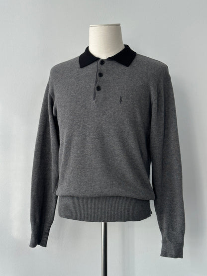 Yves Saint Laurent 1990s wool polo jumper in navy, size S-M, featuring a classic collar and ribbed cuffs and hem.