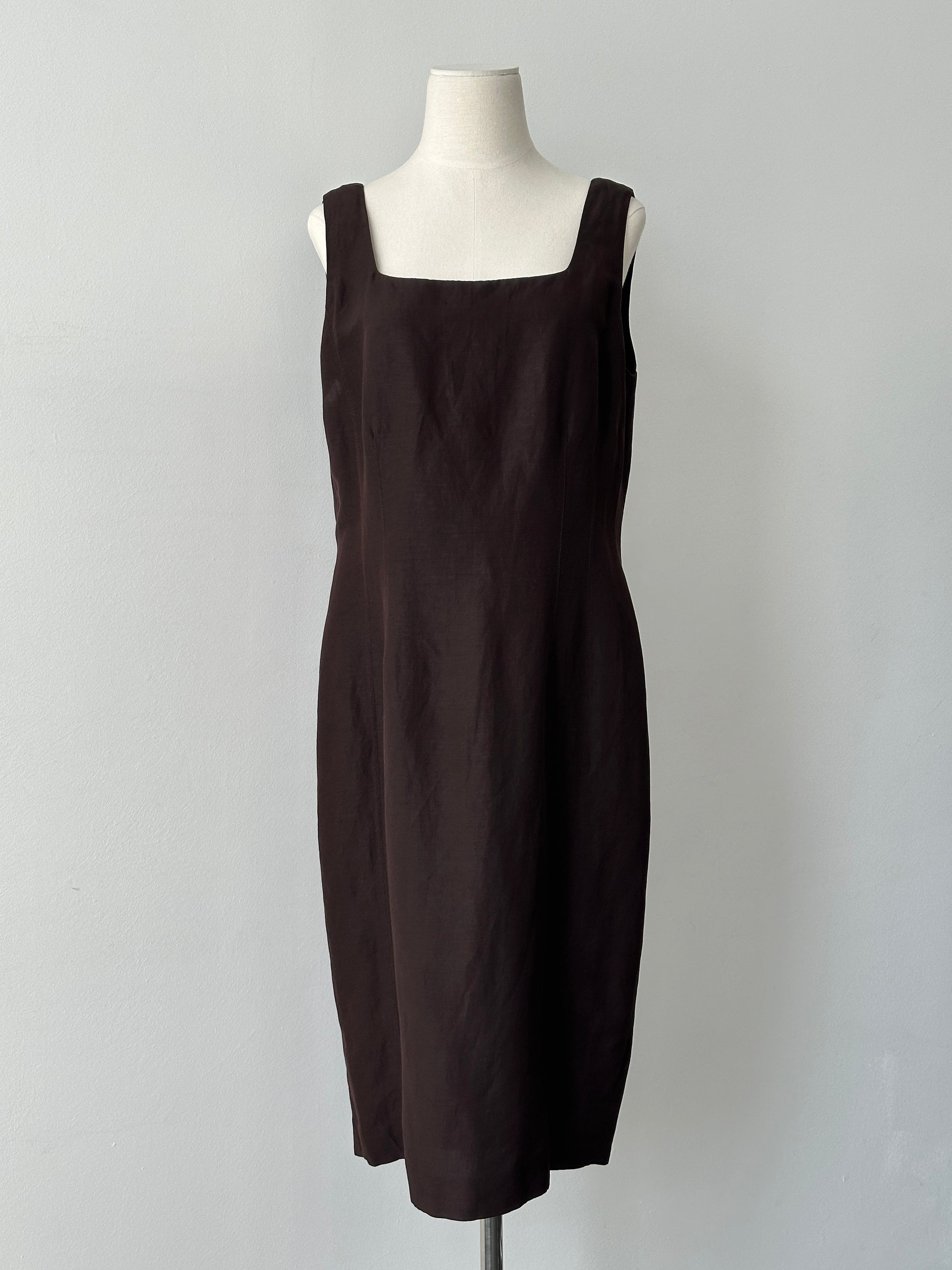 Vintage 1990s Silk Linen Square Neck Midi Dress - L