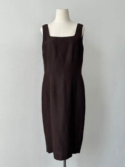 Vintage 1990s Silk Linen Square Neck Midi Dress - L