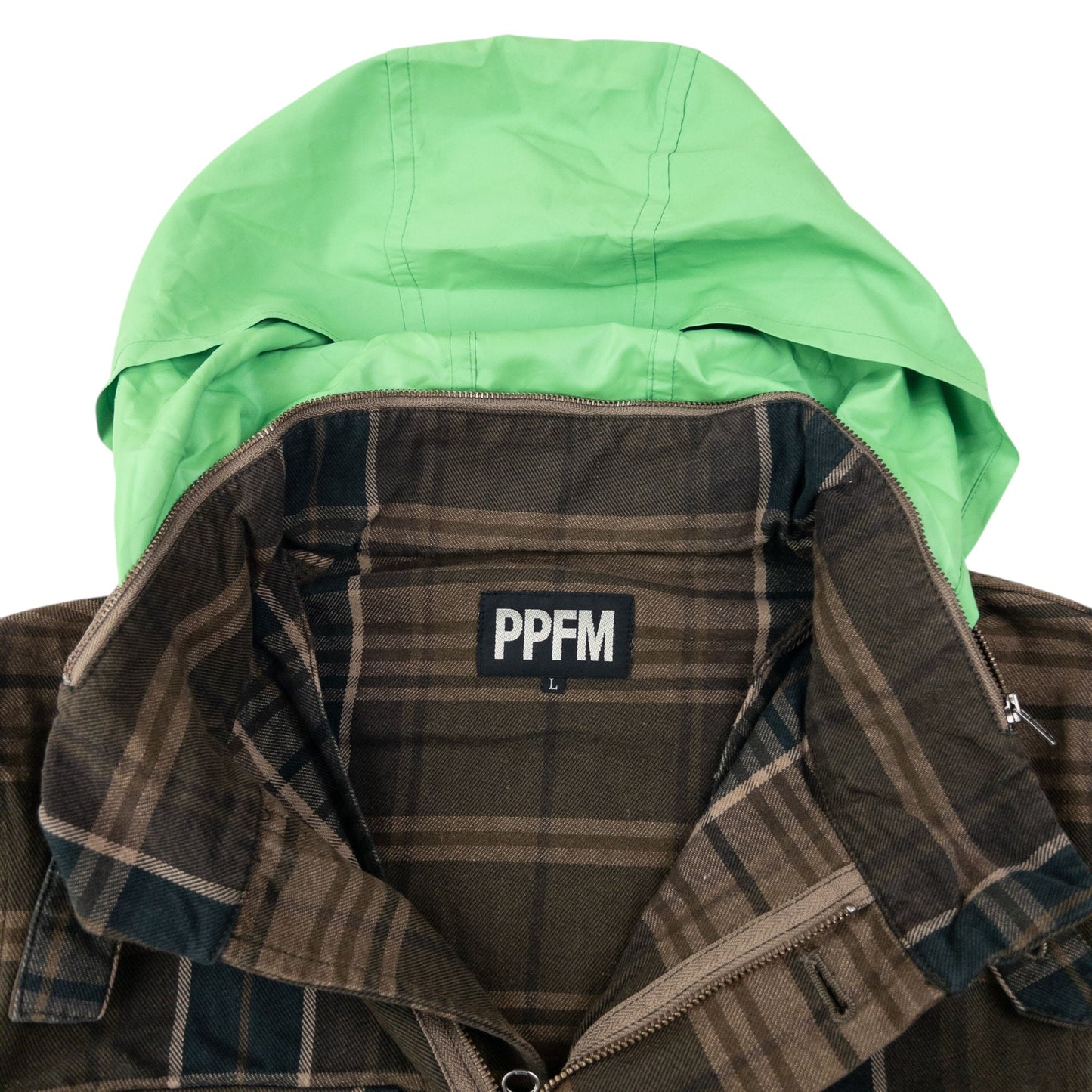 Vintage 2000s PPFM Zip Off Sleeve Convertible Jacket Size L | Large, Brown Plaid with Green Hood
