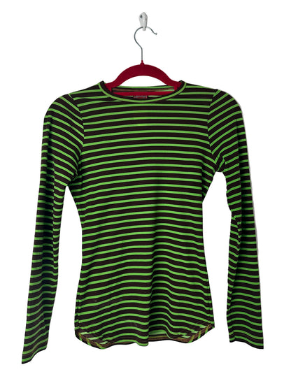 Green and black striped shirt on a hanger against a white background