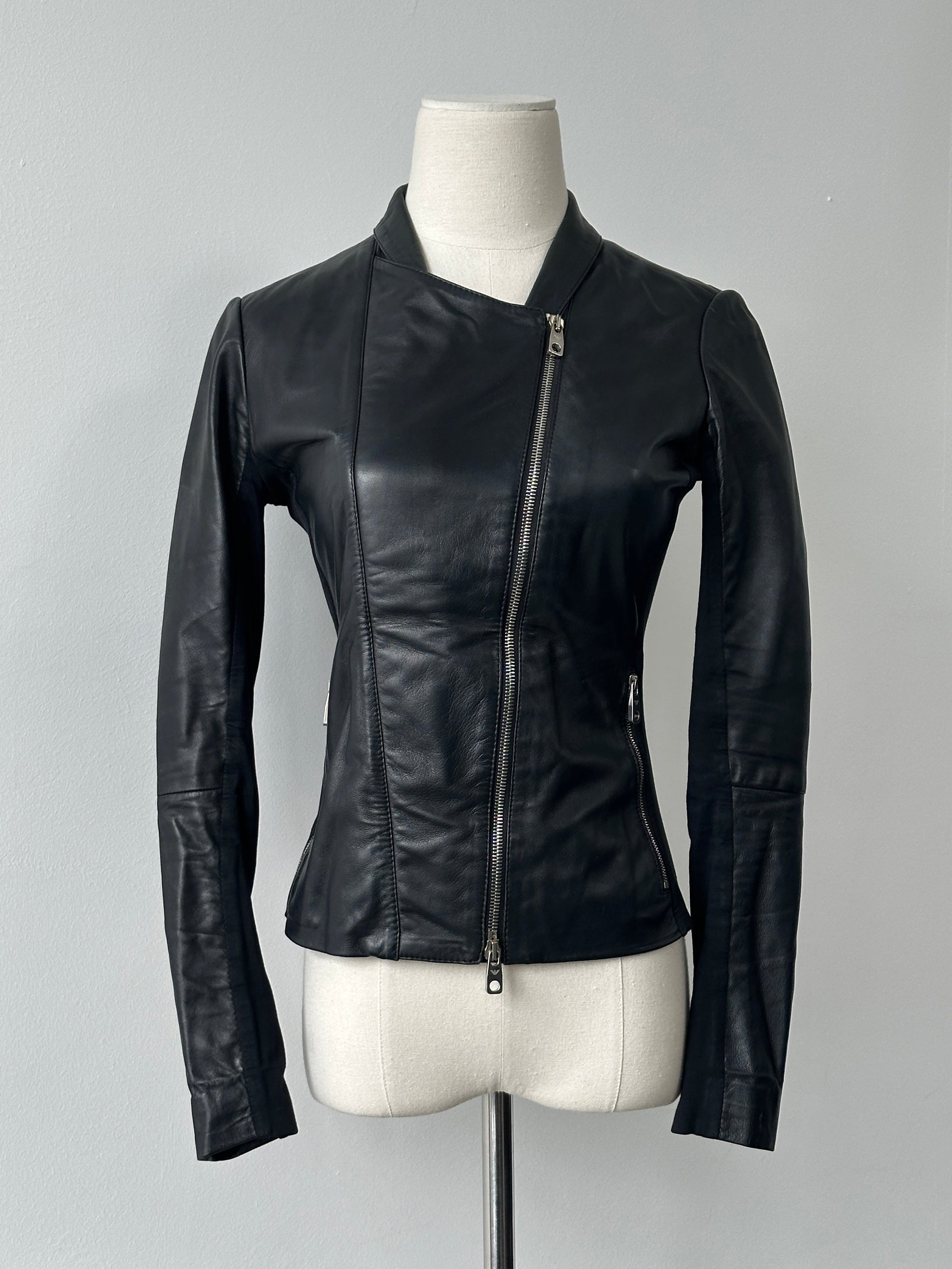 Emporio Armani Double Zip Fitted Lamb Leather Jacket - XS-S