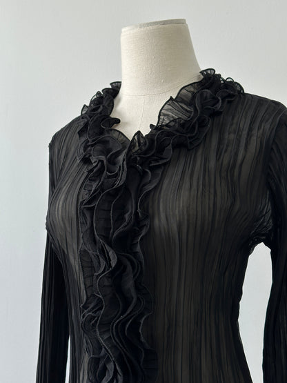 Vintage 2000s Sheer Ruffle Pleated Fitted Shirt - S