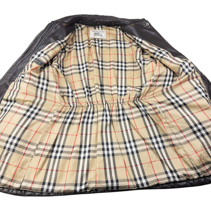 Vintage 80s Burberry Nova Check Lined Leather Jacket Womens Size XL | XL, Brown