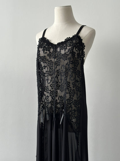 Vintage 2000s Lace Split Front Sheer Floor Length Dress - M-XL