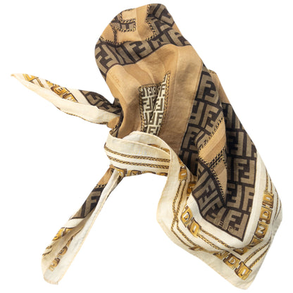 Vintage 2000s Fendi Monogram Chain Print Silk Scarf | O/S, Brown, Beige