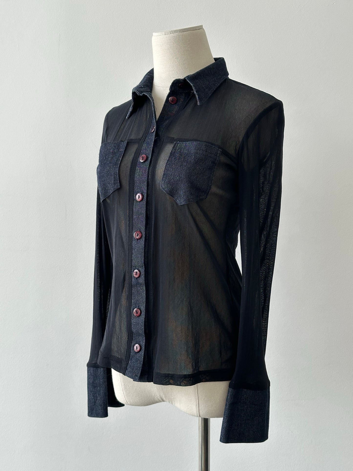 Vintage 1990s Denim Fitted Sheer Shirt - XS-S