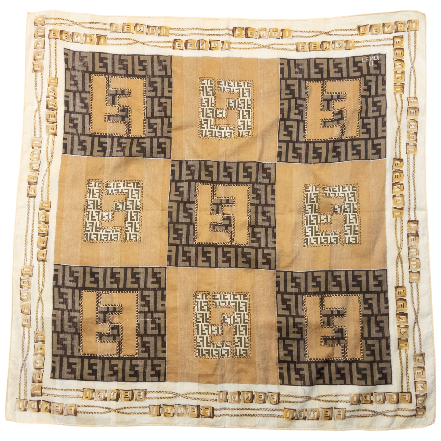 Vintage 2000s Fendi Monogram Chain Print Silk Scarf | O/S, Brown, Beige