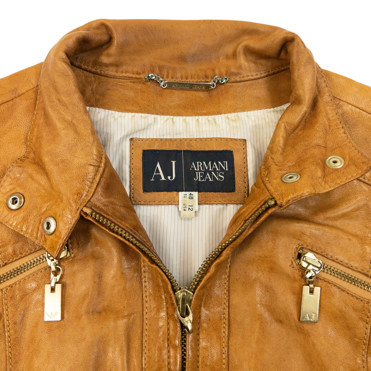Vintage 2000s Armani Jeans Zip Up Leather Jacket Womens Size M | Medium, Brown