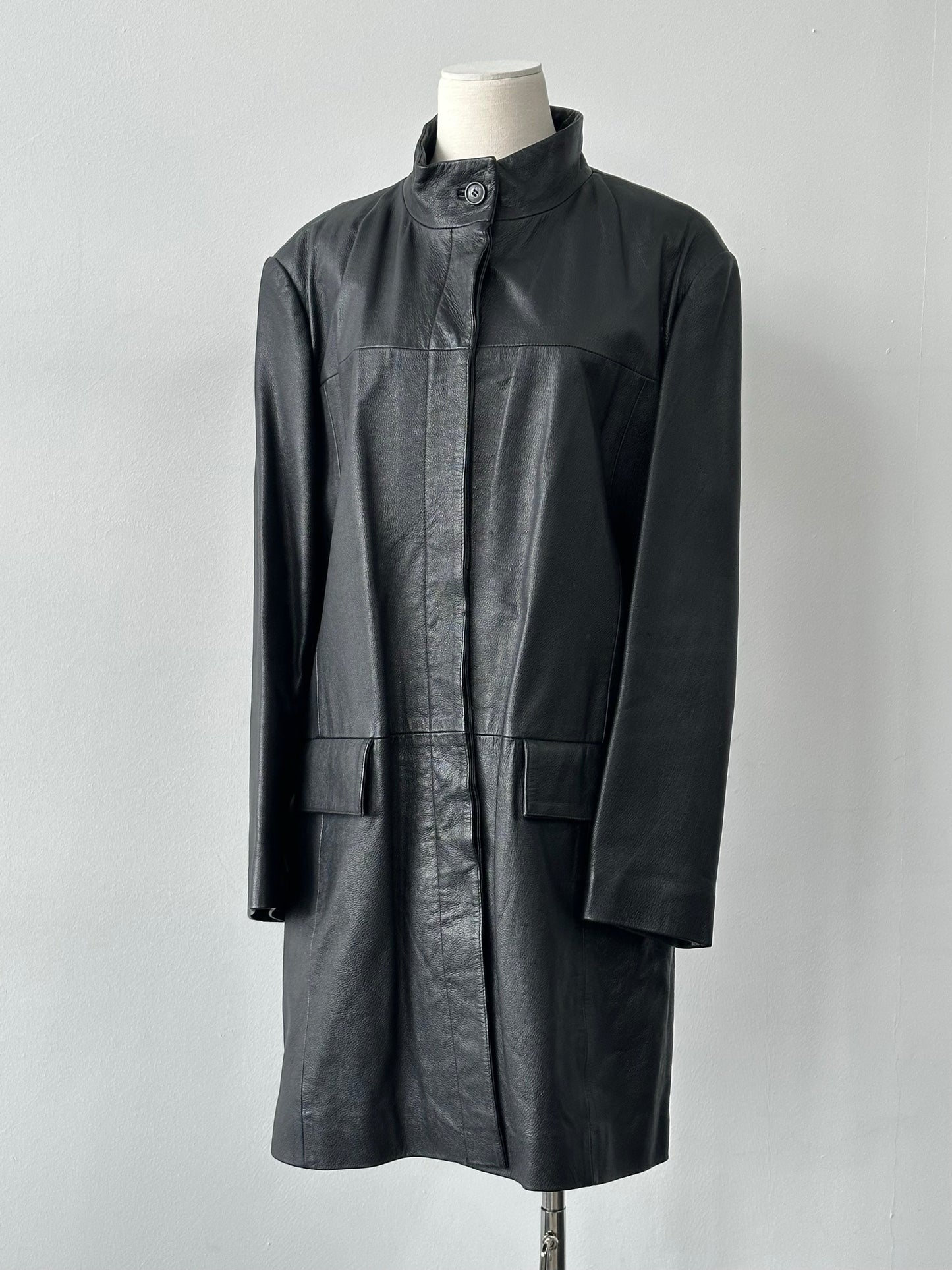 Vintage 1990s Collarless Leather Trench Coat - L/XL