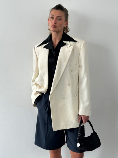 Vintage1990s Pure Wool Double Breasted Tuxedo Blazer - 46R