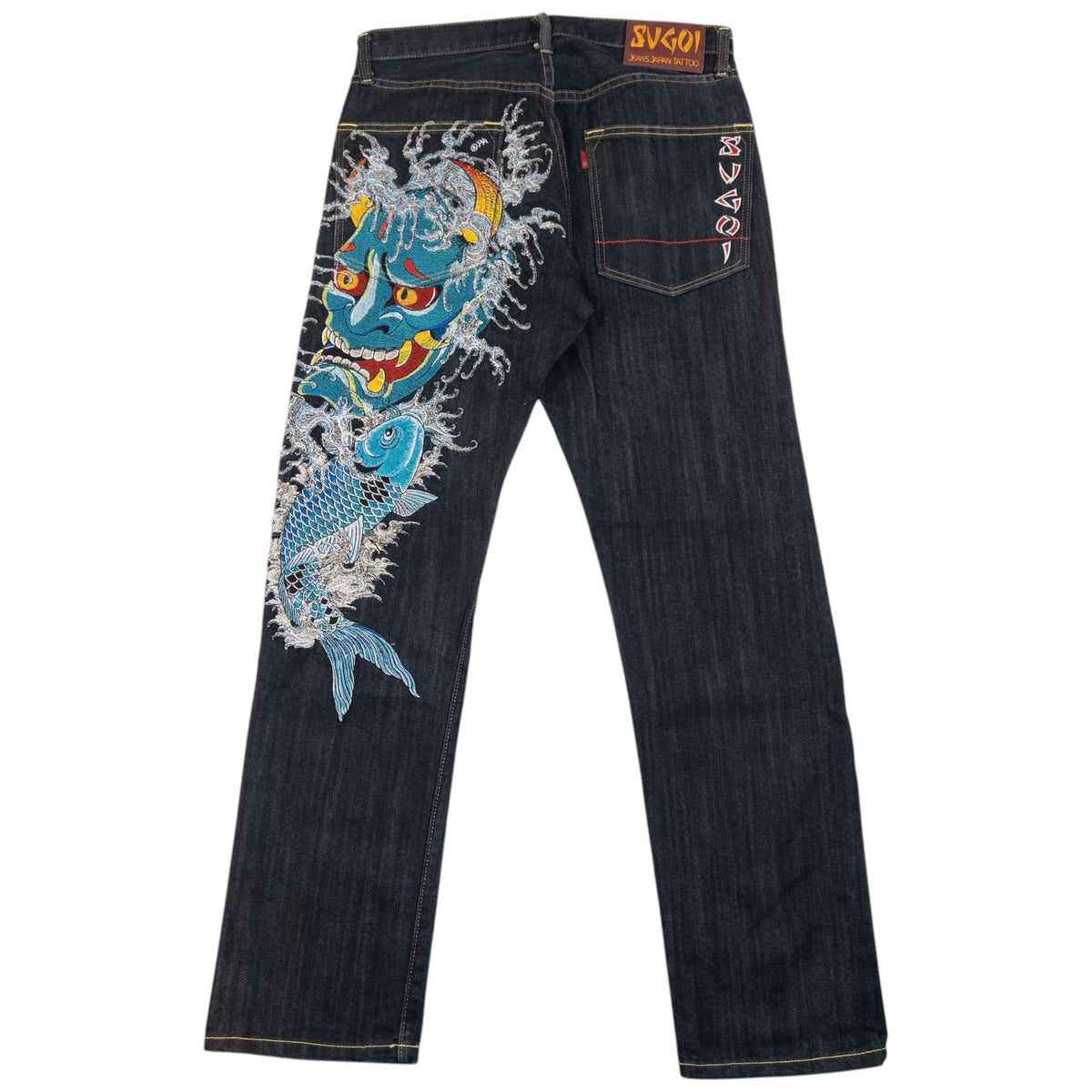 Vintage 2000s Sugoi Embroidered Mask & Koi Fish Japanese Denim Jeans Size W31 | W31, Navy