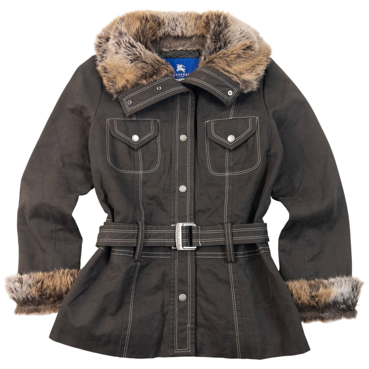 Vintage 2000s Burberry Blue Label Fur Trim Belt Waist Jacket Womens Size M | Medium, Blue