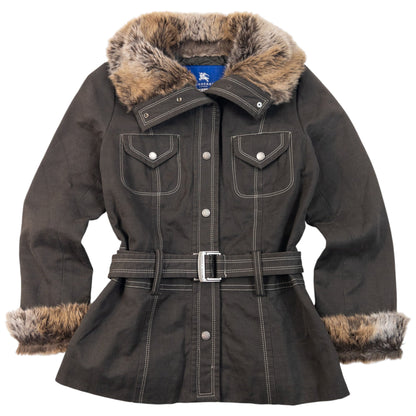Vintage 2000s Burberry Blue Label Fur Trim Belt Waist Jacket Womens Size M | Medium, Blue
