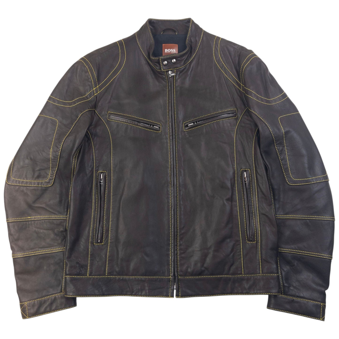 Vintage 90s Hugo Boss Contrast Stitching  Leather Jacket Size L | Large, Brown