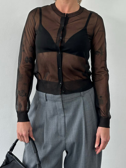 DKNY jeans 1990s sheer knit cardigan in size small, light, semi-transparent fabric with long sleeves and open front design.